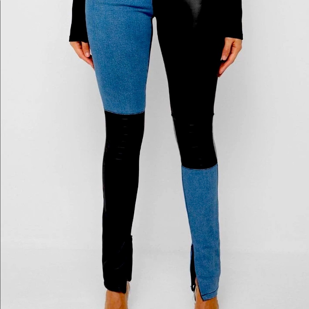 VEGAN LEATHER & DENIM LEGGINGS - BLACK/MID BLUE new unworn